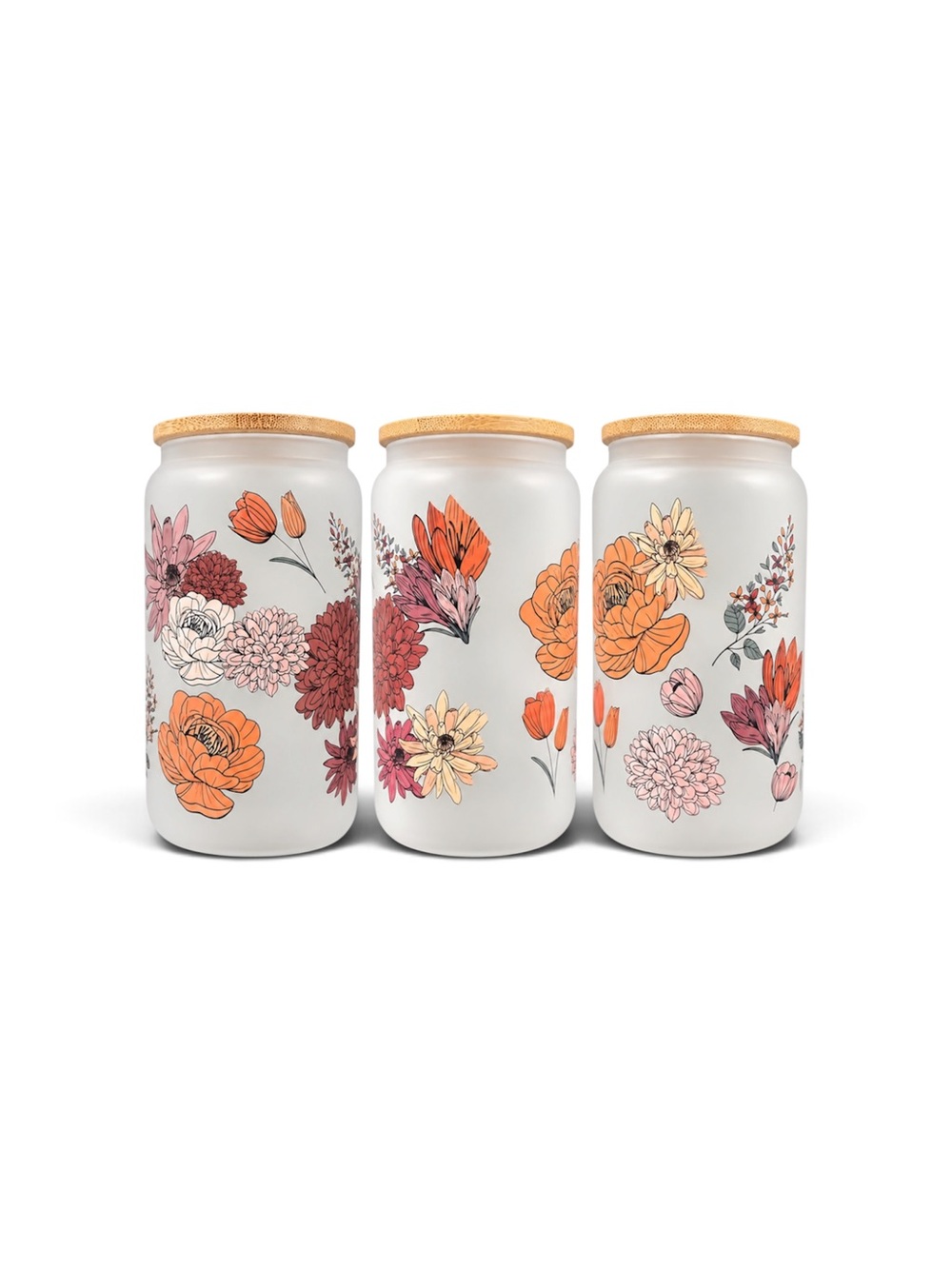 Boho Floral Glass Cup 16 oz Frosted Tumbler Bamboo Lid Straw Handmade